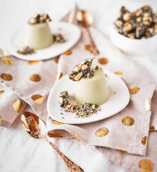 Matcha Panna Cotta With Peanut & Black Sesame Brittle