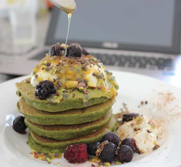 Pouring Syrup to Buckwheat Matcha Pancakes