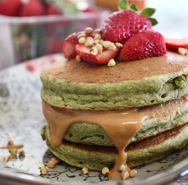 3 Layer Small Matcha Pancake with Strawberry Toppings