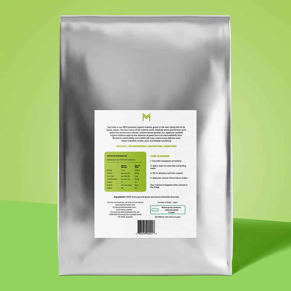 The bulk 1Kg silver pouch of Matcha Maiden Organic Matcha Powder showing nutrition & prep.