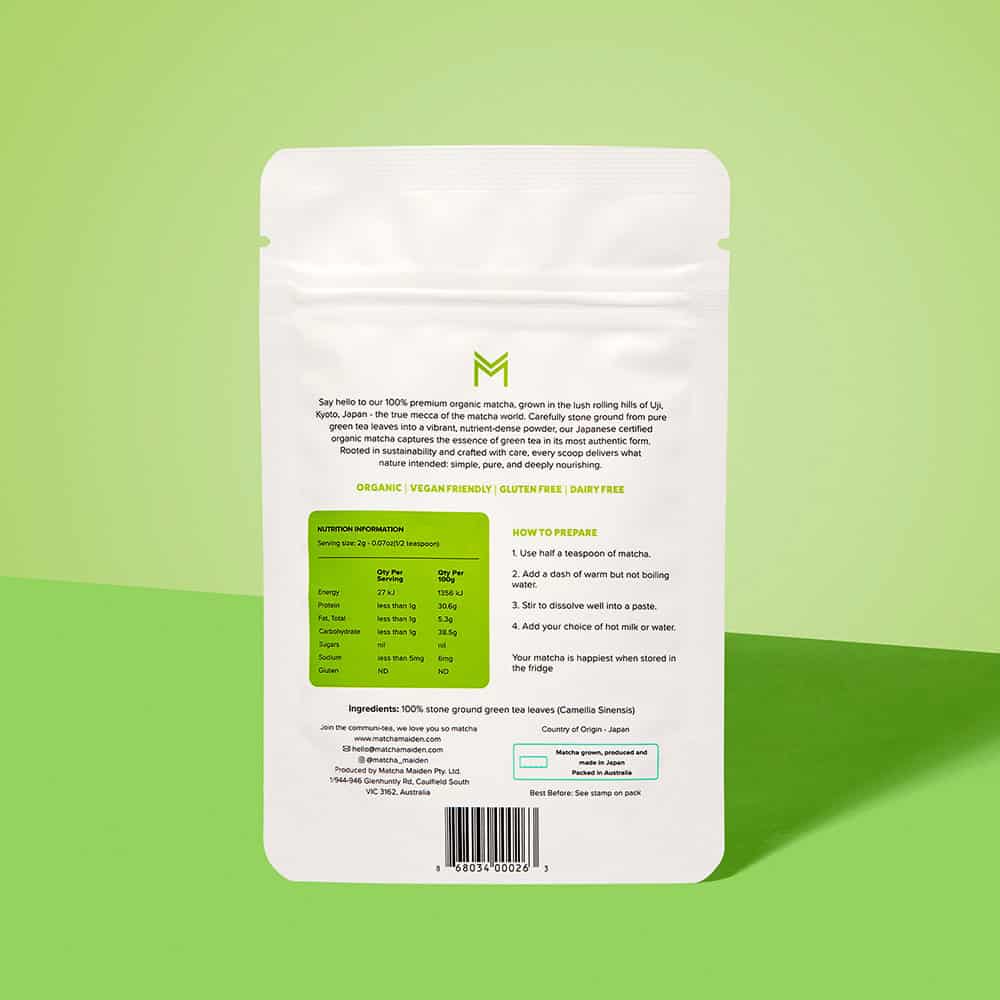 Matcha Maiden 28.35g organic matcha pouch showing nutrition & prep on a green background.