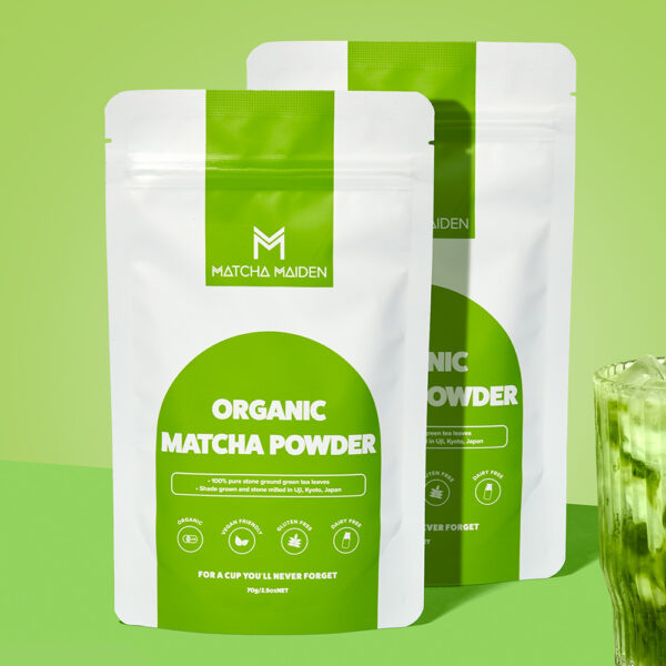 Matcha Maiden Organic Matcha Powder 70g two-pack pouches with bowl of matcha powder and a refreshing iced matcha latte.