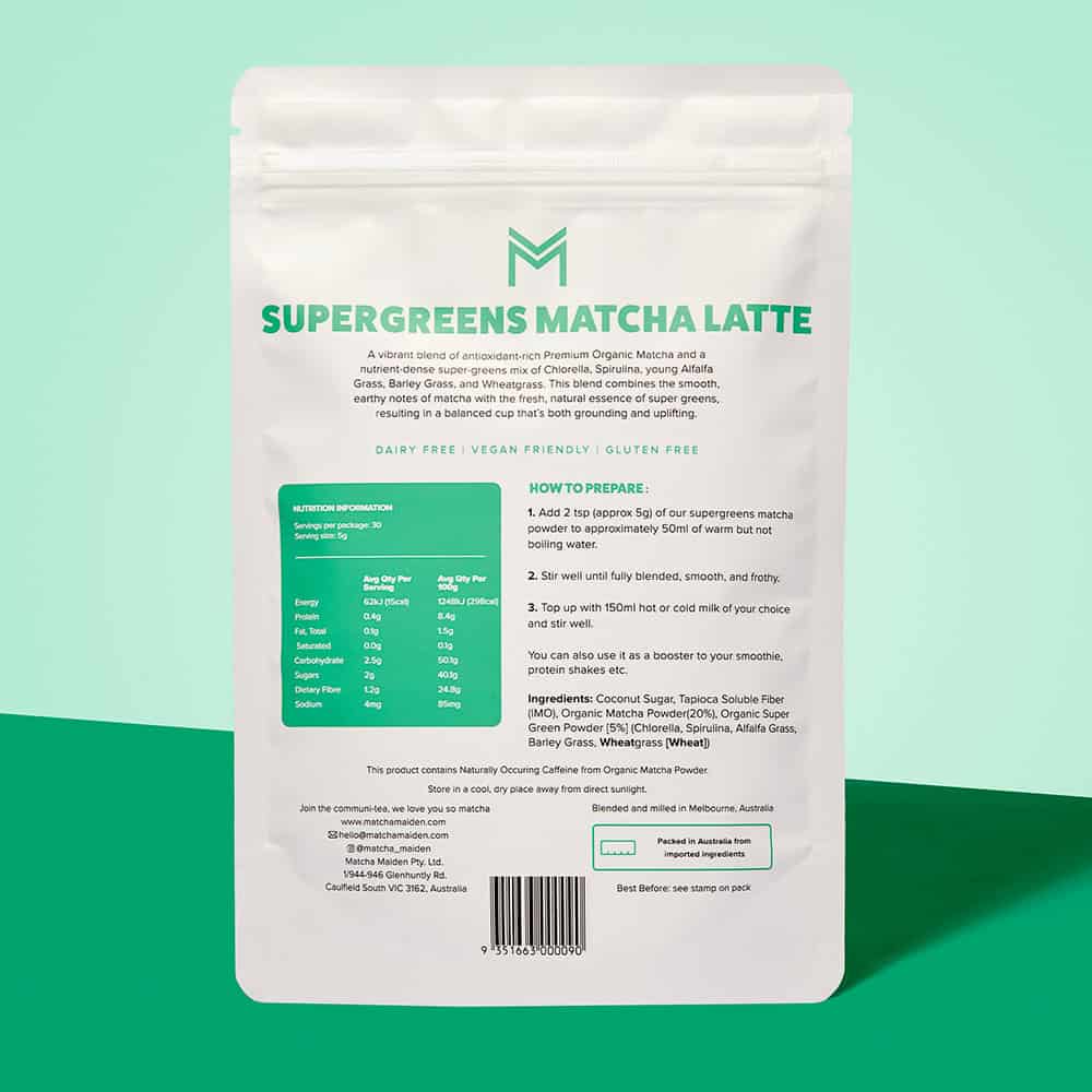 Matcha Maiden Supergreens Matcha Latte 150g pouch showing nutrition & prep on a teal and green background.
